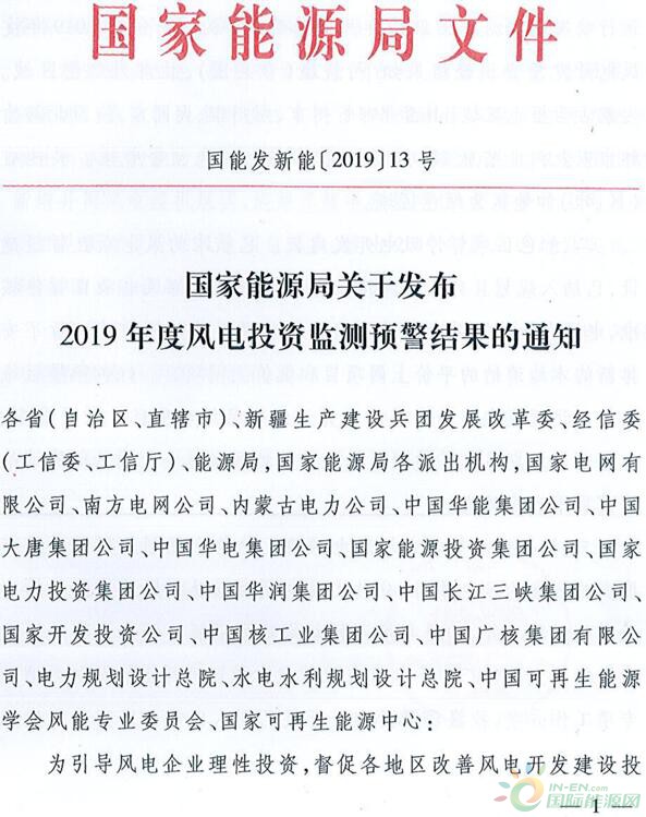 重磅！国家能源局发布2019年度风电投资检测预警结果！