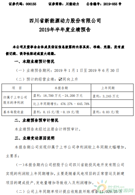 2019年上半年川能动力实现净利润预增4.7倍以上
