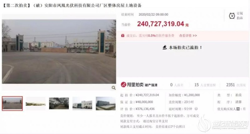 起拍价2.4亿元！安阳市凤凰光伏科技有限公司厂区整体房屋土地设备流拍