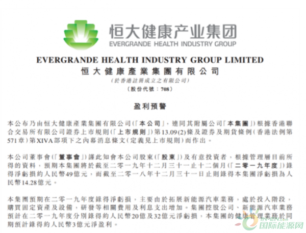 2019年恒大新能源车业务预计亏损32个亿