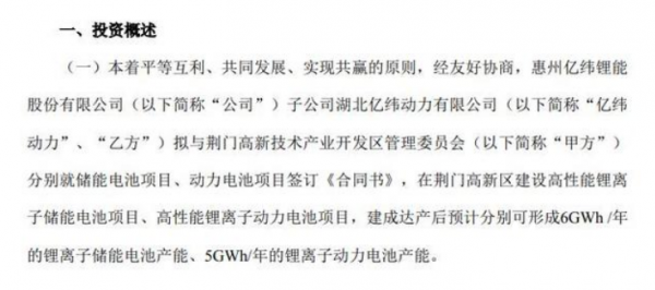 亿纬锂能拟签订储能电池项目、动力电池项目合同书